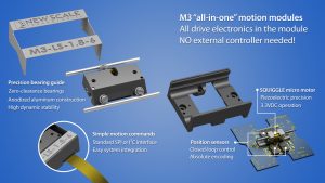New Scale Technologies M3 micro-mechatronics modules integrate piezo motor, controller, position sensor and guide mechanisms