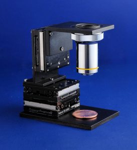 M3-LS-3.4 Linear Smart Stage three-axis (XYZ) configuration with microscope objective