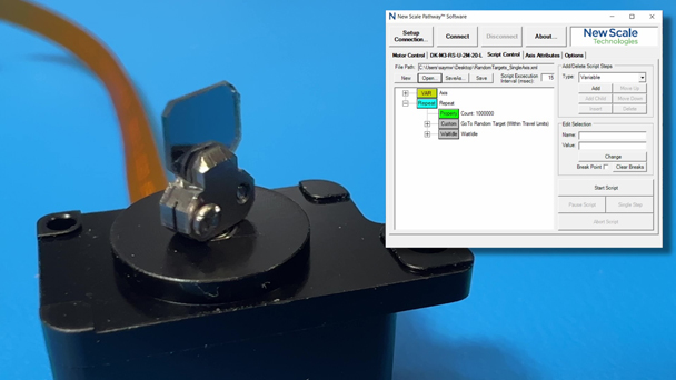 a rotary microstage shown with the new scale pathway software window open and a script running