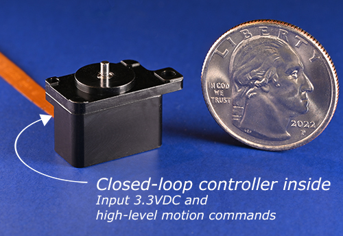 M3-RS-U2 rotary microstage next to a US quarter, labeled "controller inside, input 3.3VDC and high-level motion commands"
