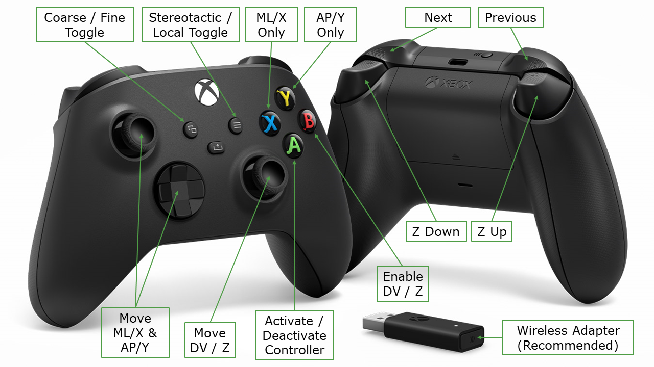 An Xbox controller with the control buttons labeled for MPM System use