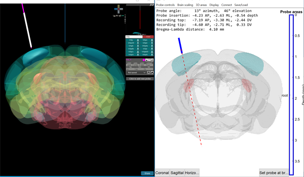 screen shots of Pinpoint trajectory planning app and Neuropixels Trajectory Explorer in synch during simulation with New Scale's Pathfinder software